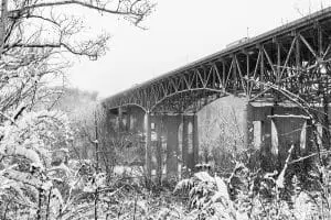 Snow-covered landscape with a steel bridge spanning from left to right. Leafless trees frame the foreground, while the bridge supports rise above dense, snowy vegetation.