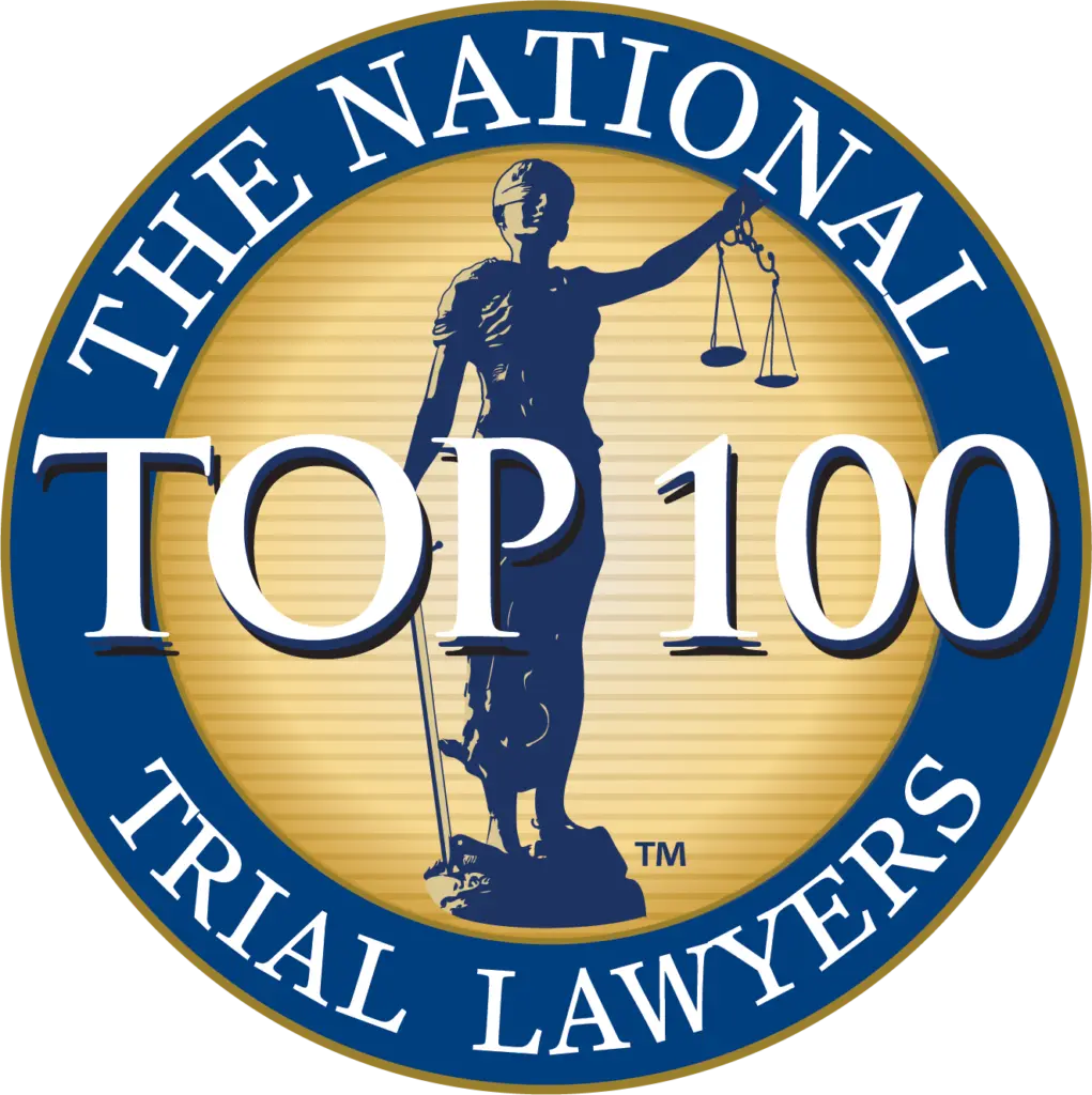 Emblem of The National Trial Lawyers, featuring a silhouette of Lady Justice with scales, surrounded by the phrases "The National Top 100 Trial Lawyers.