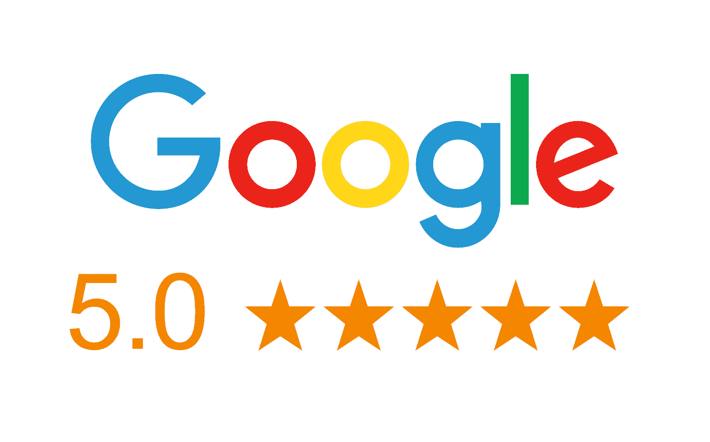 Google logo with "5.0" rating and five orange stars below it.