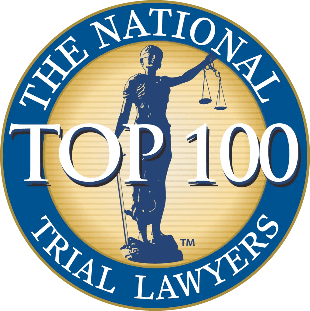 Circular badge displaying "The National Trial Lawyers Top 100" with an image of Lady Justice holding scales in the center.