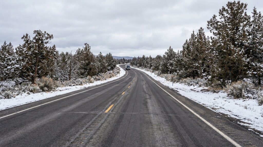 Curving two-lane highway with truck, bordered by snow-covered trees and roadside brush