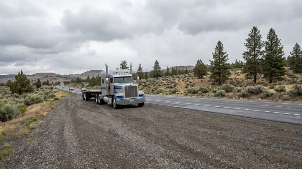 Flatbed semi-truck parked on roadside beside rural highway under cloudy sky