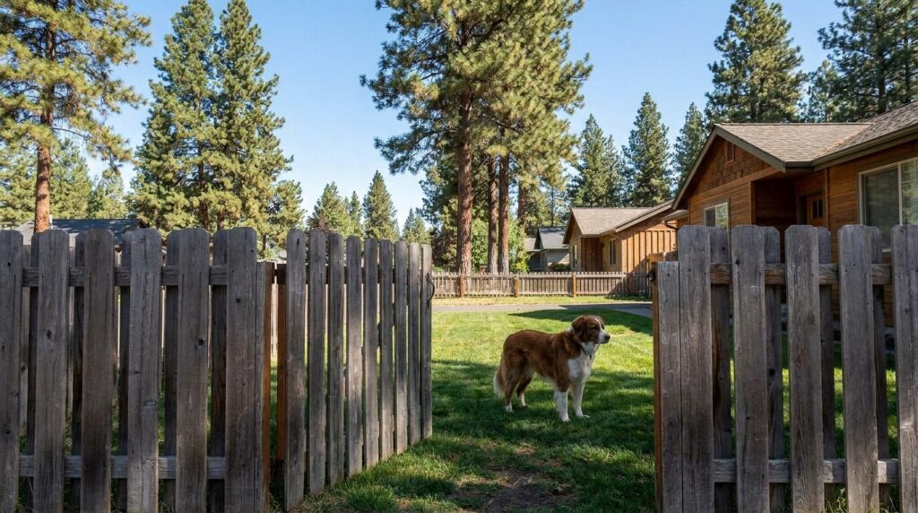 Open wooden fence gate with dog standing in grassy yard near cabin