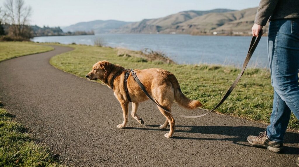 Person walking leashed dog on paved path beside river and hills