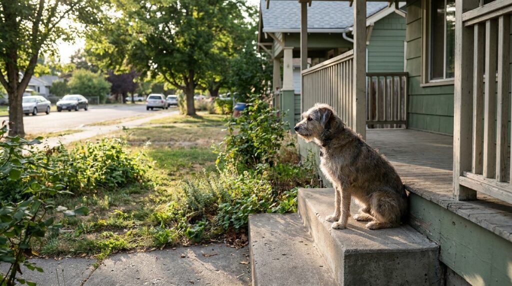 scruffy dog sitting on concrete front porch steps facing residential street