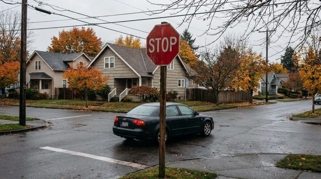 Stop sign beside turning car at residential neighborhood intersection