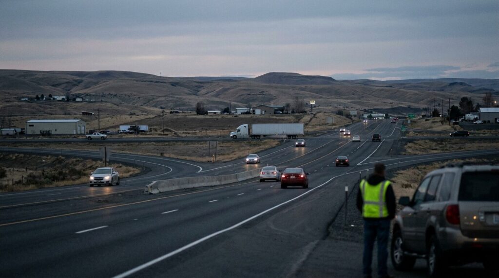 Highway traffic winding through rural hills with stopped SUV and roadside worker
