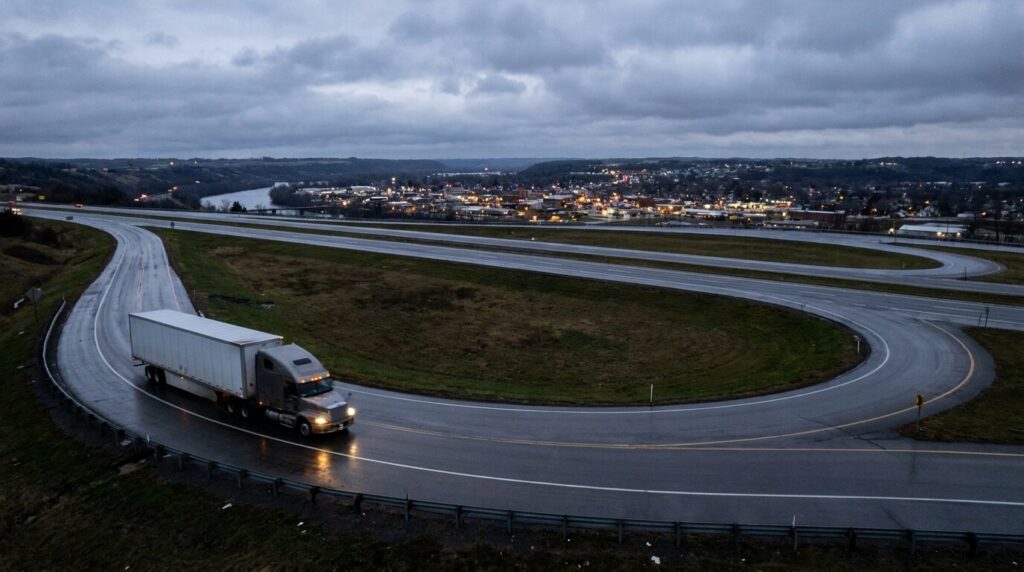 Semi-truck driving along curved highway ramp overlooking town and distant river