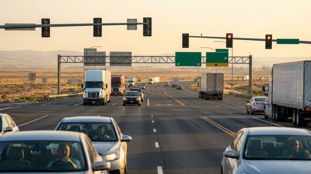 Multi-lane highway intersection with cars, semi trucks, traffic lights, and overhead road signs