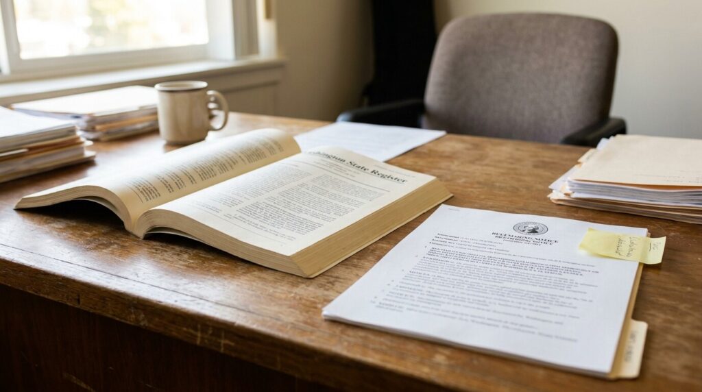 Washington State Register open on desk beside Rulemaking Notice document and case files