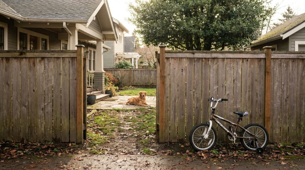 Open wooden backyard gate with bicycle outside and dog resting inside yard