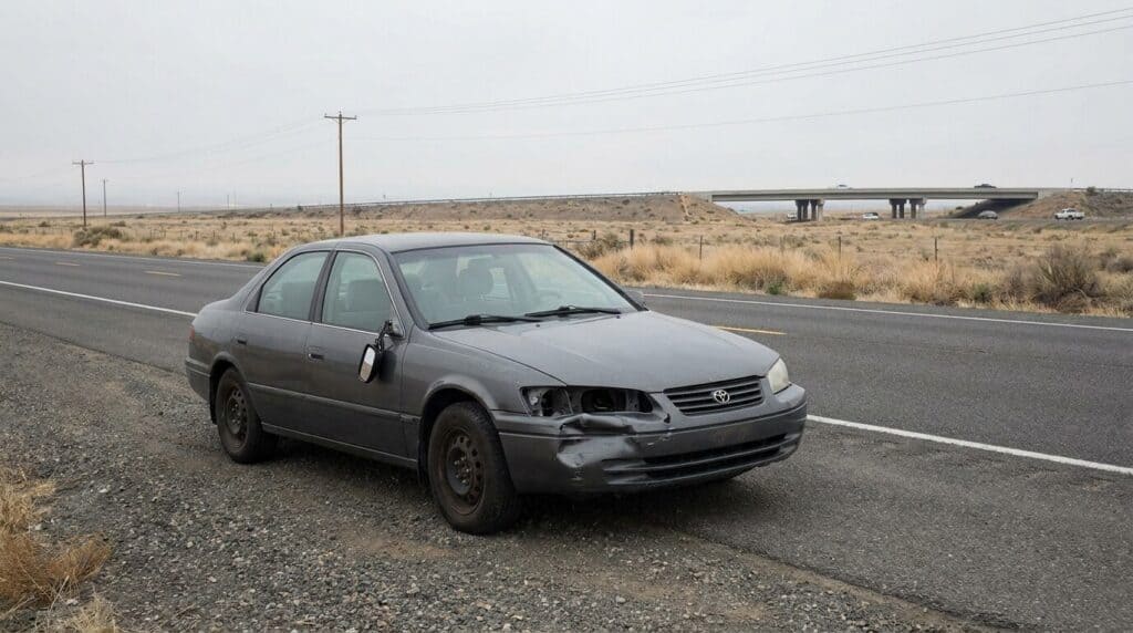 damaged Toyota sedan with crushed front bumper stopped on rural highway shoulder