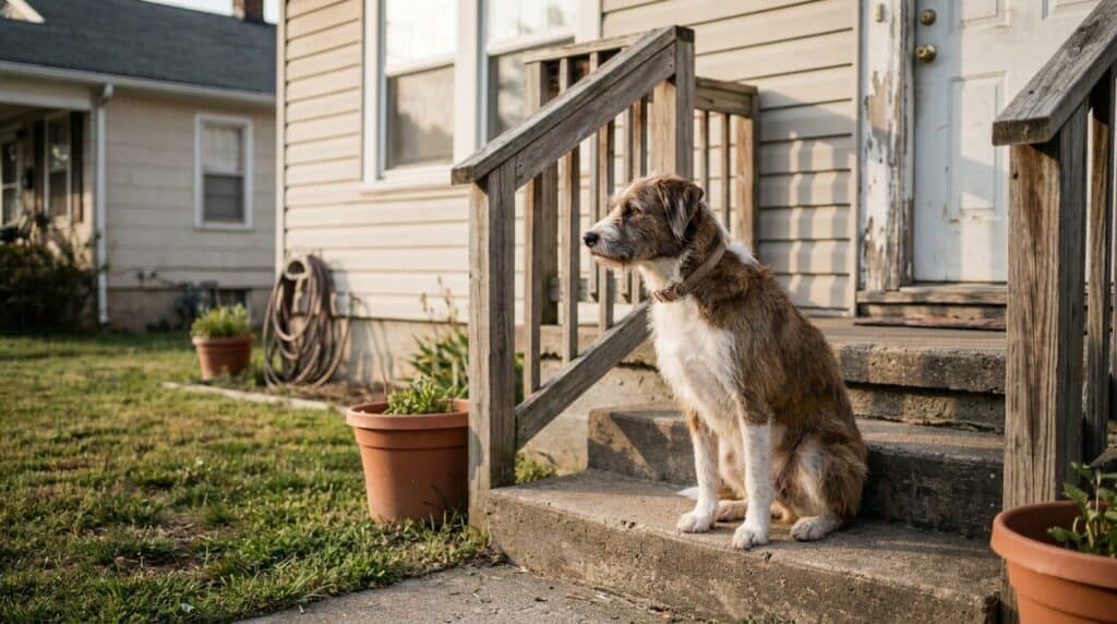 collared dog sitting on concrete front porch steps of residential home