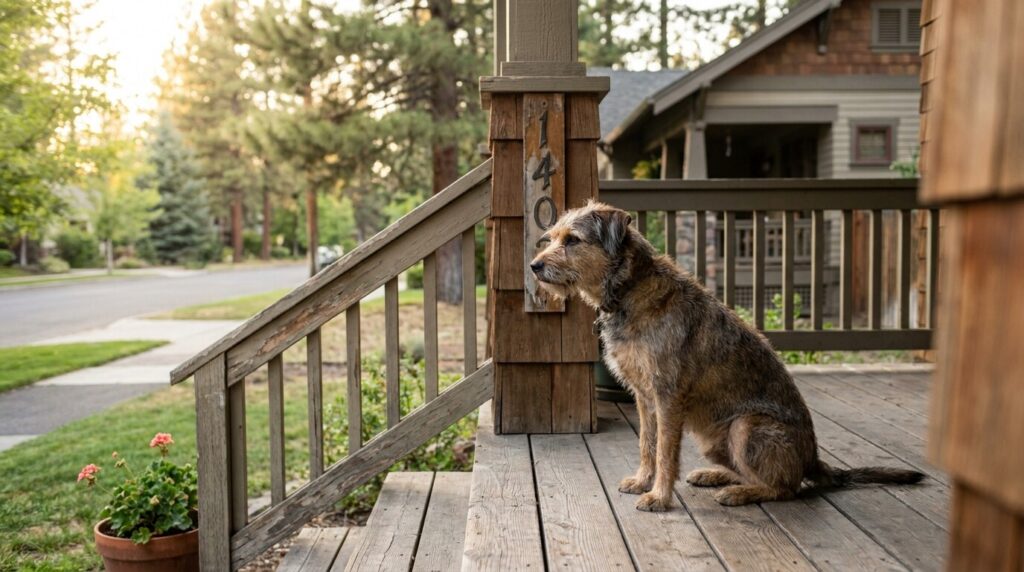 dog sitting on residential front porch beside house number 140 sign