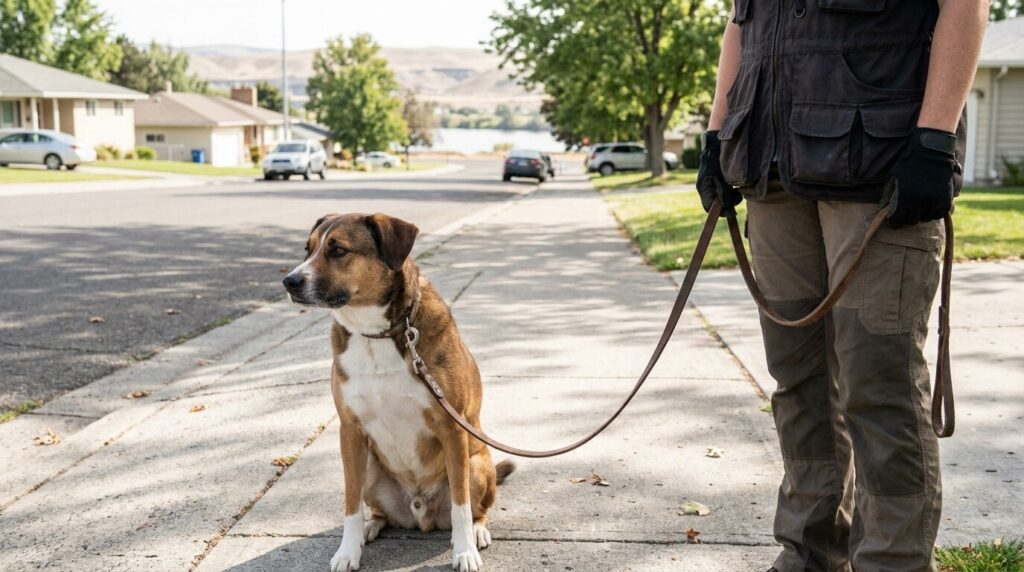 leashed dog sitting on residential sidewalk held by standing person