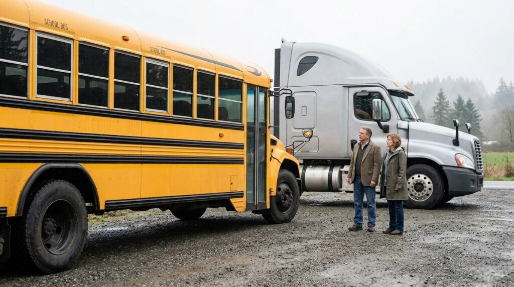two people standing between school bus and large commercial semi-truck on gravel lot