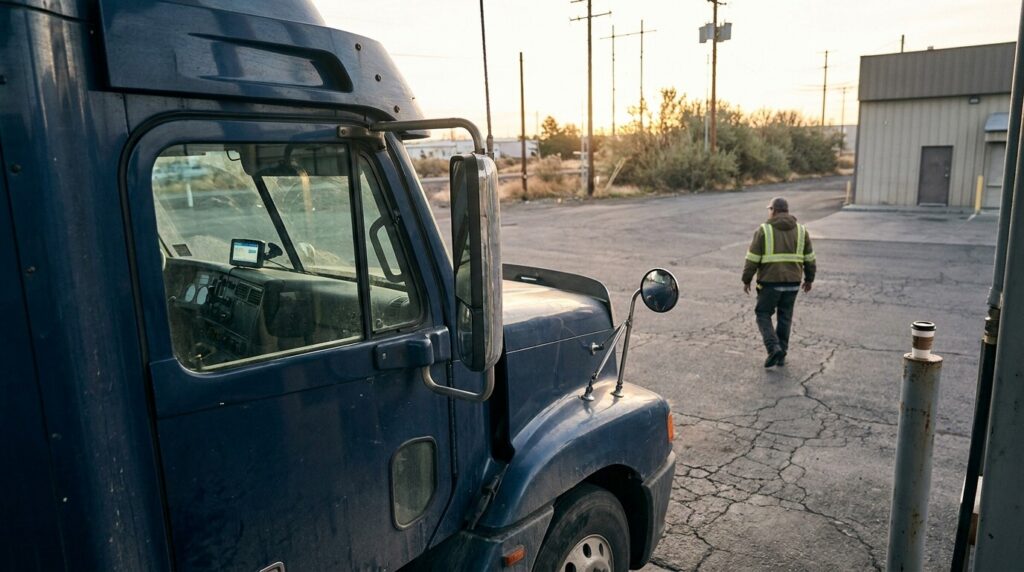 truck driver in safety vest walking away from parked commercial truck cab
