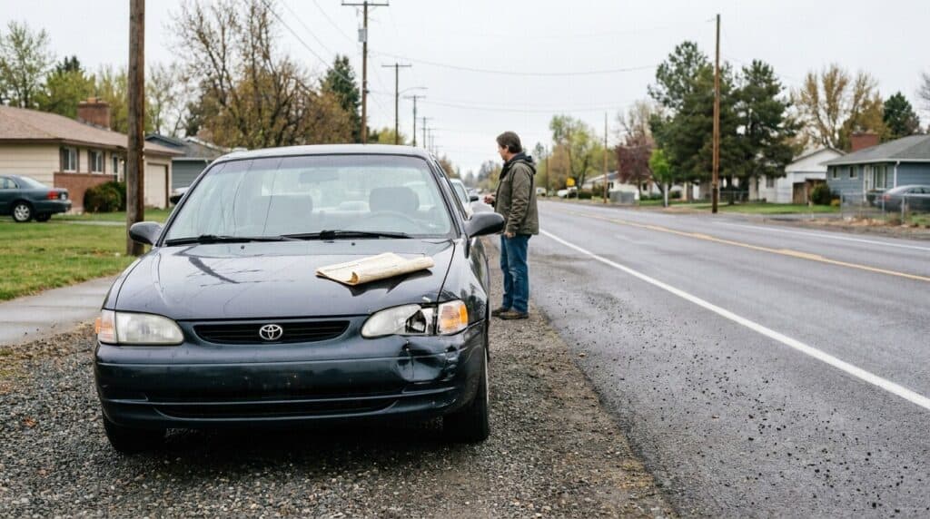 Toyota sedan with front-end collision damage pulled over on residential road