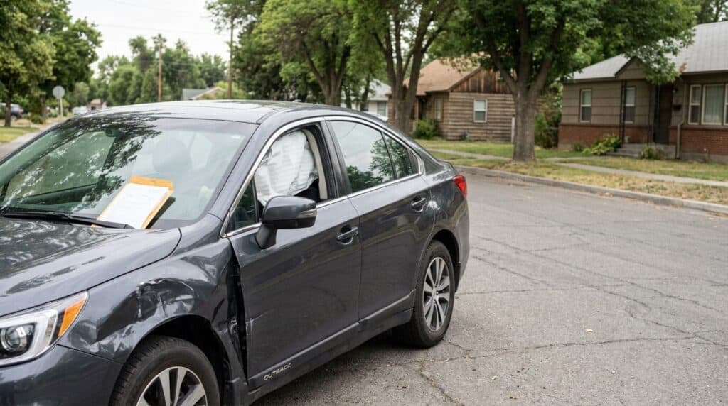 Subaru Outback sedan with visible door dent and deployed airbag on residential street