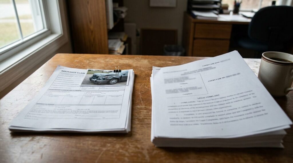 Insurance claim form with vehicle photo beside legal complaint court documents on desk