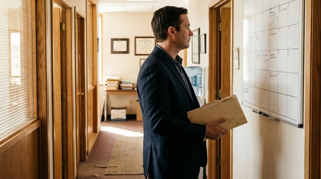 attorney holding case folder reviewing whiteboard calendar in law office hallway