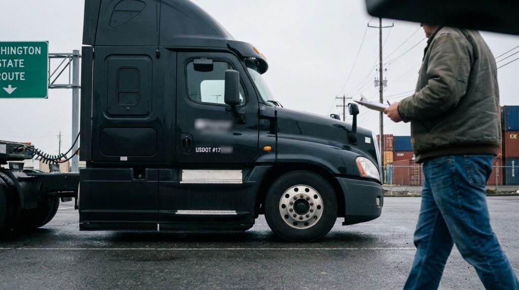 person holding clipboard walking past USDOT-labeled semi-truck near Washington State Route sign