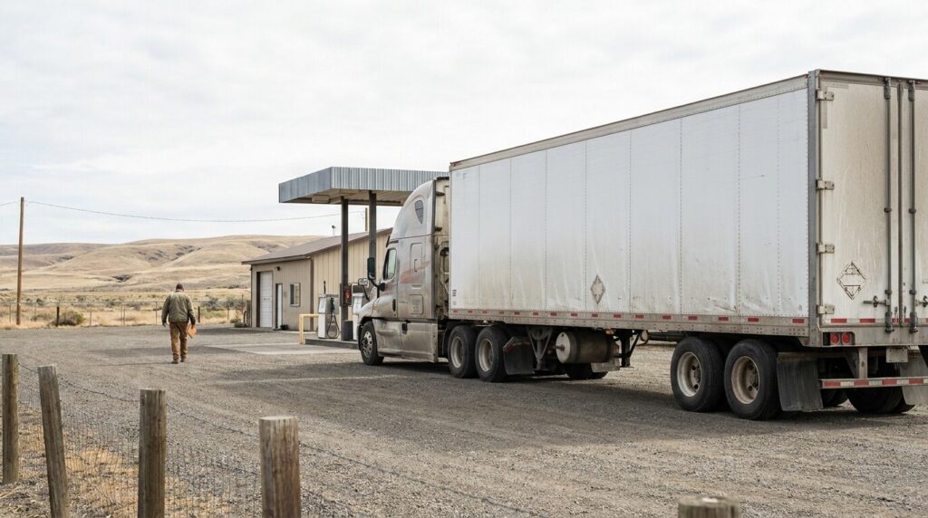 semi-truck with large trailer parked at rural fuel stop near small building
