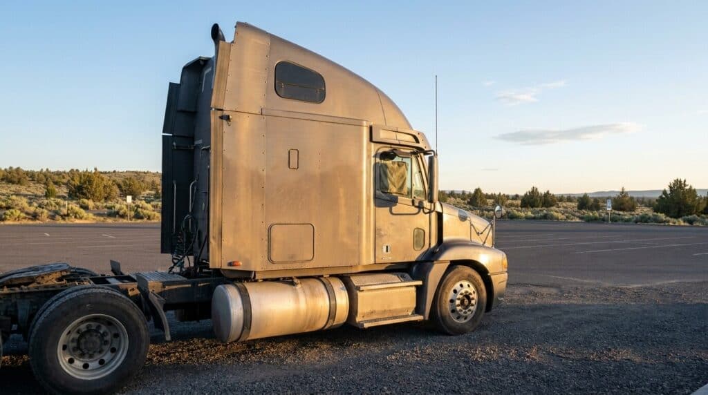 semi-truck cab with sleeper parked at roadside stop near open desert landscape