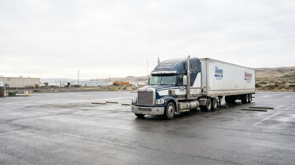semi-truck with large cargo trailer parked in commercial lot near industrial buildings