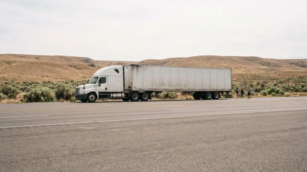 semi-truck with large trailer stopped on highway shoulder near desert hills