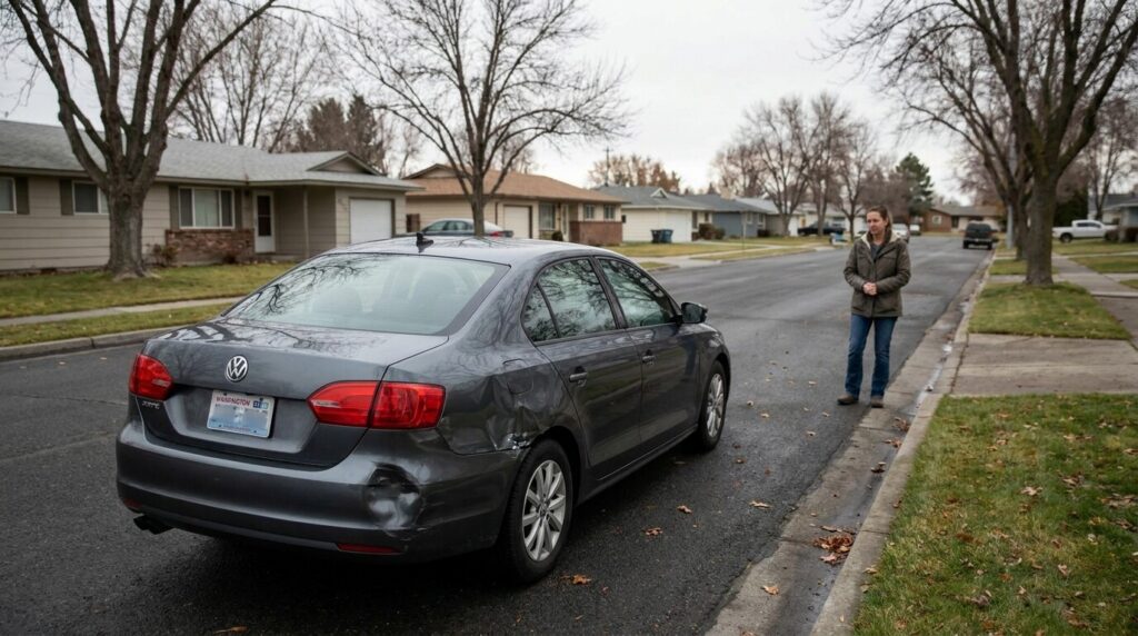 woman standing beside Volkswagen sedan with visible rear bumper damage on residential street