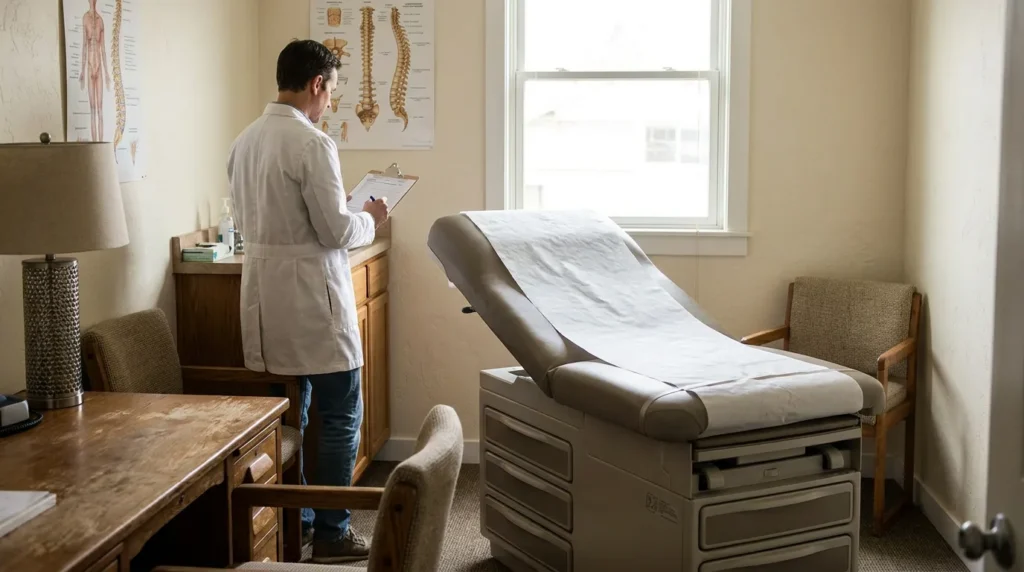 physician in white coat writing on clipboard beside medical examination table