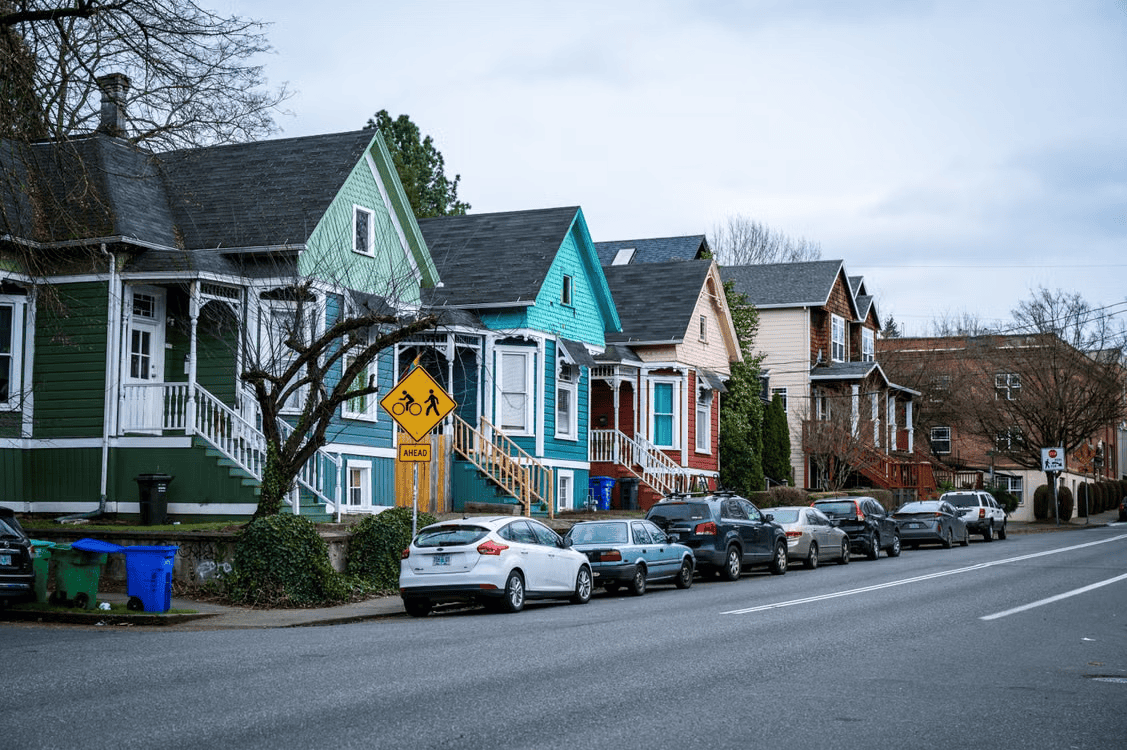 colorful row of houses in a portland neighborhood, oregon