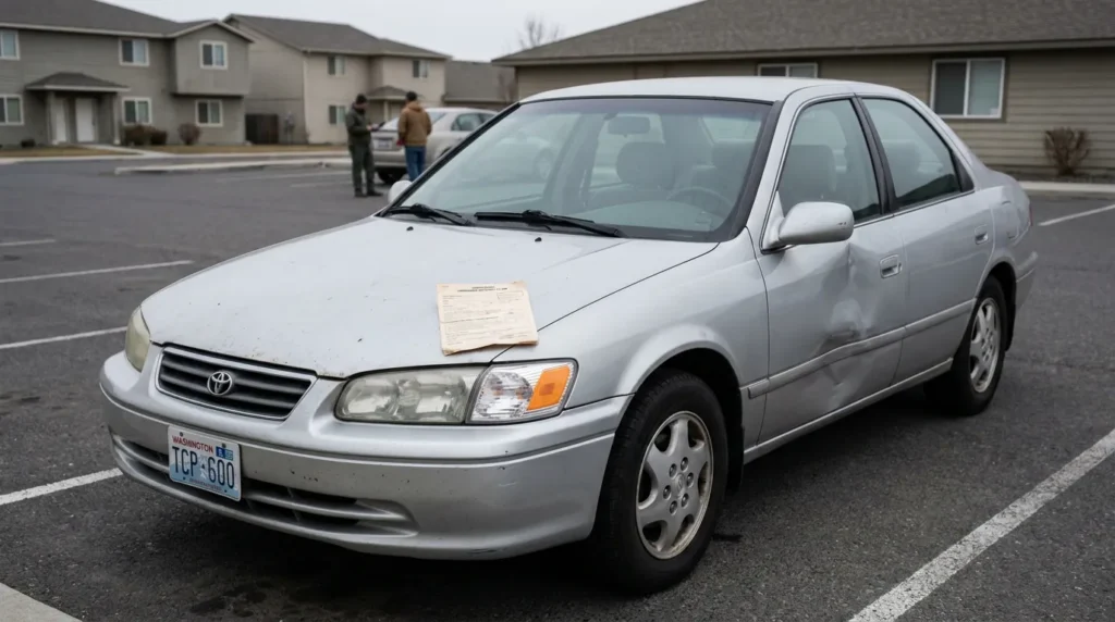 damaged Toyota sedan with document on hood parked in lot after collision