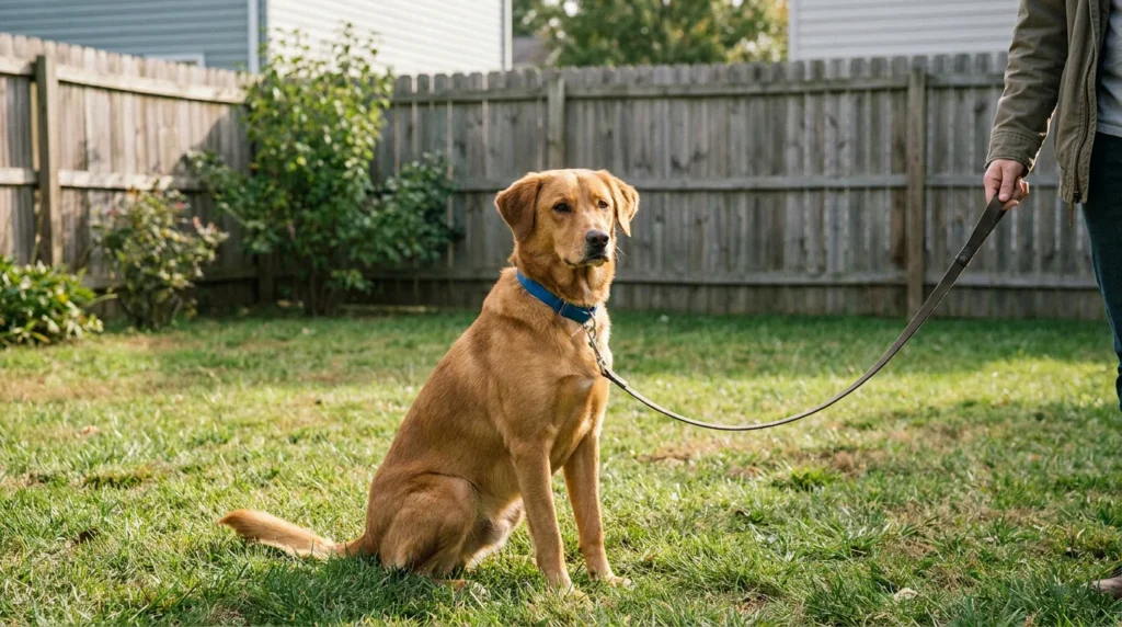 leashed dog sitting on grass in fenced backyard held by person