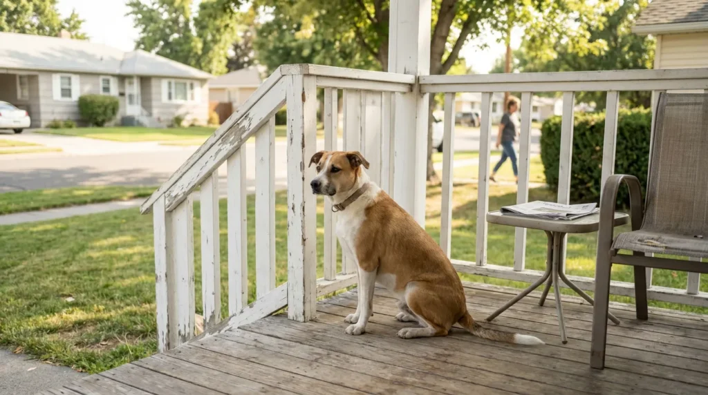 dog sitting on residential front porch near staircase railing and patio chair