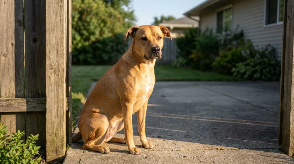 large dog sitting on concrete driveway beside open wooden fence gate