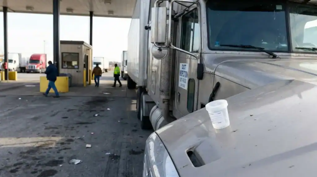 urine specimen cup on vehicle hood at DOT inspection truck stop