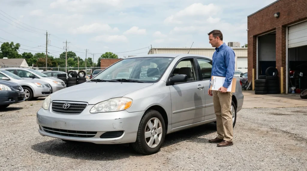 man holding clipboard inspecting damaged Toyota sedan at auto repair lot