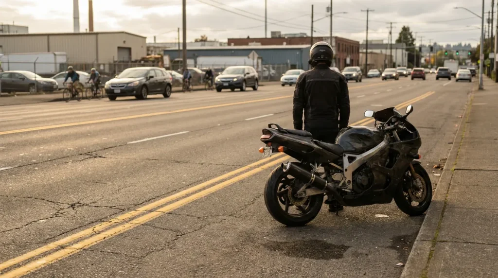 helmeted motorcyclist standing beside sport motorcycle on busy urban road