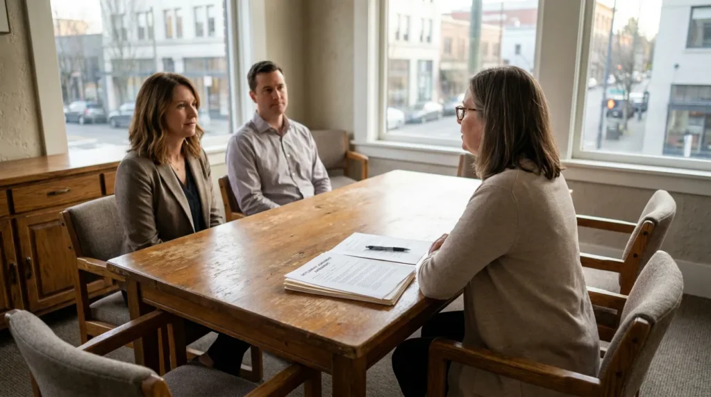 attorney meeting with two clients over settlement agreement documents at conference table