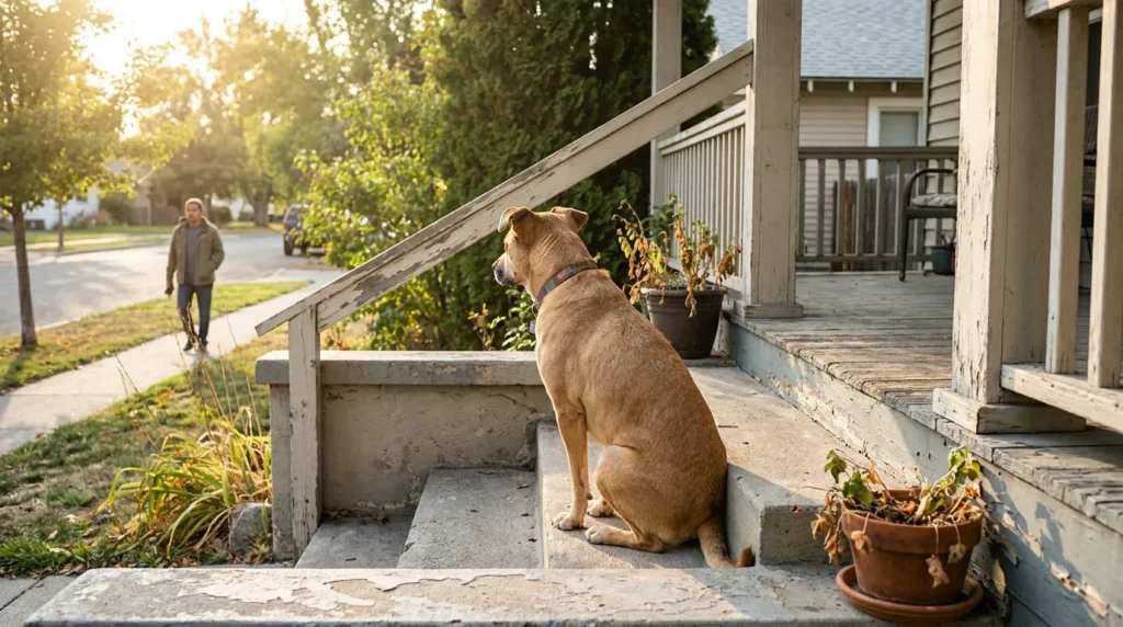 collared dog sitting on front porch steps watching man approach on sidewalk