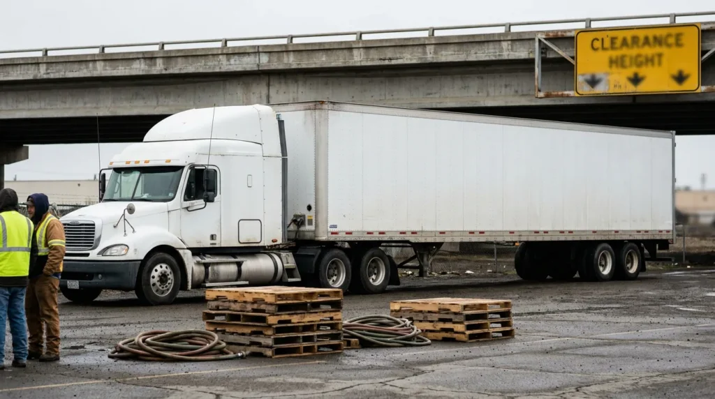 semi-truck stopped near overpass with clearance height sign and workers nearby
