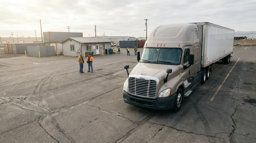 semi-truck with trailer parked at commercial freight yard with workers in safety vests