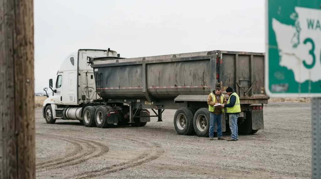 two workers in safety vests reviewing documents beside parked semi-truck near Washington state road sign