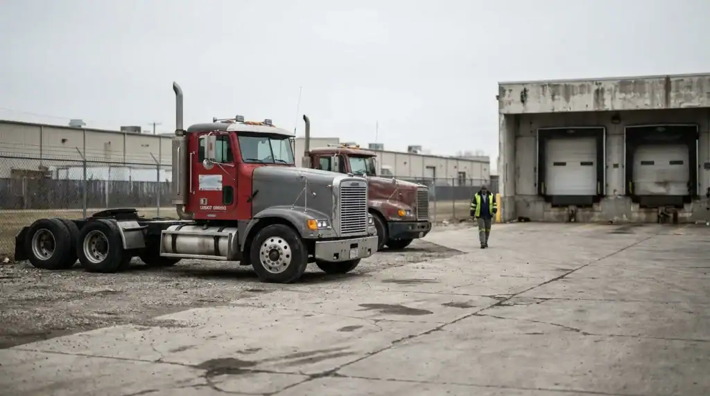 two semi-truck cabs parked at industrial loading dock with worker in safety vest