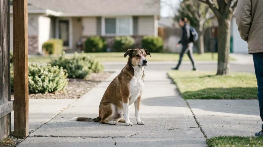 dog sitting unattended on residential sidewalk near pedestrian and homes