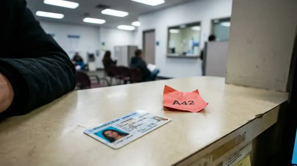 Washington driver's license and A42 number ticket on DMV counter