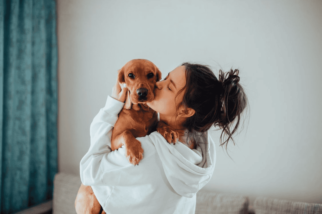 A woman wearing a white hoodie kisses the face of a brown dog.