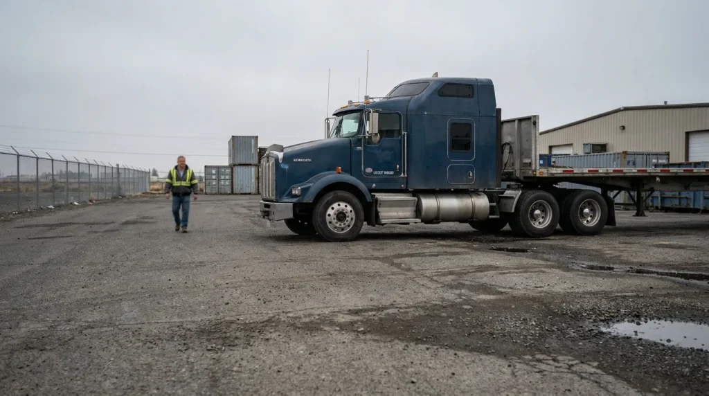 worker in safety vest walking near Kenworth semi-truck at commercial freight yard